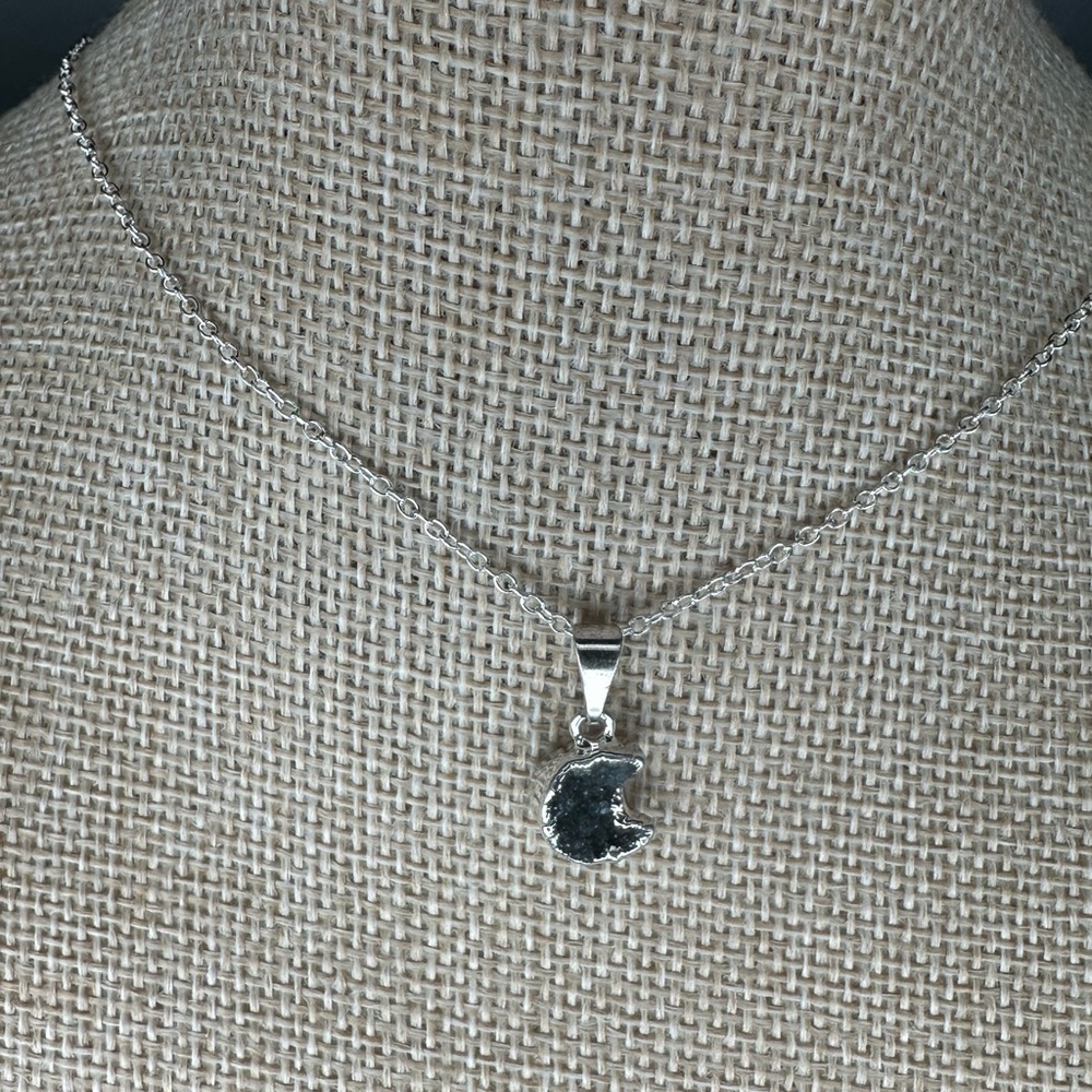 Black/Dark Purple Druzy Amethyst Crescent Moon Pendant on Chain - Picture 12 of 13